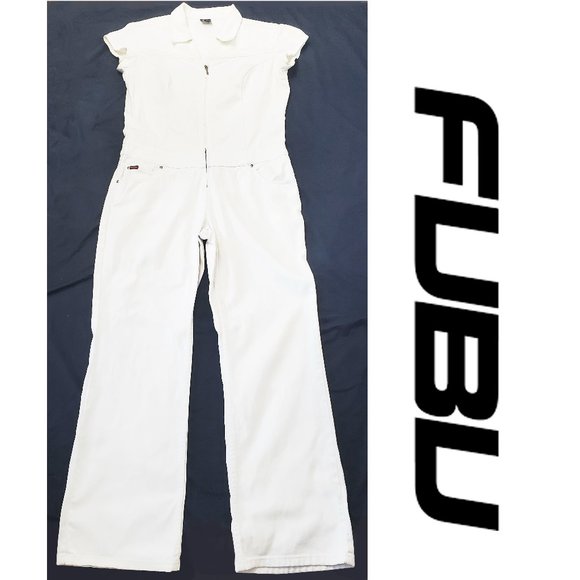 FUBU The Collection Vintage 90s Womens White Denim Overalls Jumpsuit 11/12